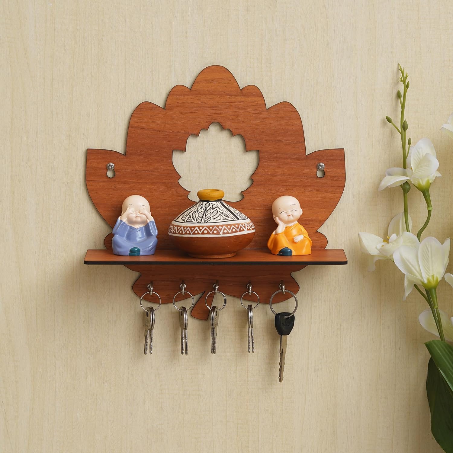 Webelkart Wooden Lotus Shape Key Holder with Wall Shelf, Key Holder wi