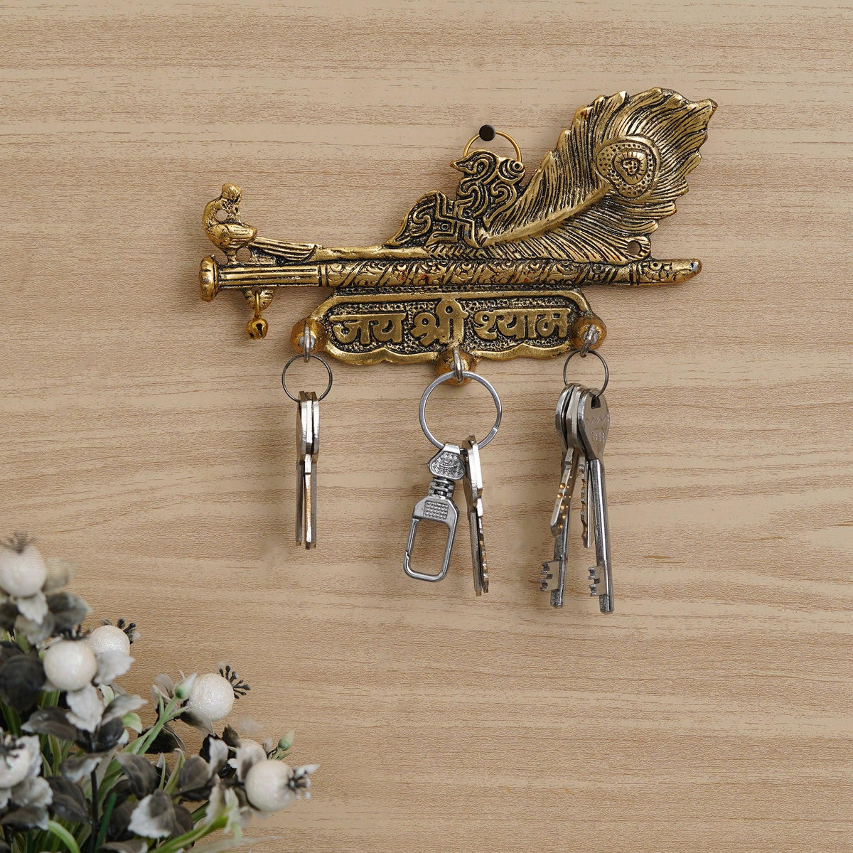 Vintage Brass Key Shaped Wall Hanging Key Holder with 5 Hooks Made in Taiwan