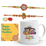 Load image into Gallery viewer, JaipurCrafts Premium Combo of Printed Mug Rakhi Gift for Brother Combo Pack (3 Rakhi for Bhaiya Bhabhi and Kids, 1 Greeting Card, 1 Ceramic Printed Mug, and Roli Chawal)|