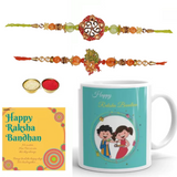 Load image into Gallery viewer, JaipurCrafts Premium Combo of Printed Mug Rakhi Gift for Brother Combo Pack (3 Rakhi for Bhaiya Bhabhi and Kids, 1 Greeting Card, 1 Ceramic Printed Mug, and Roli Chawal)|