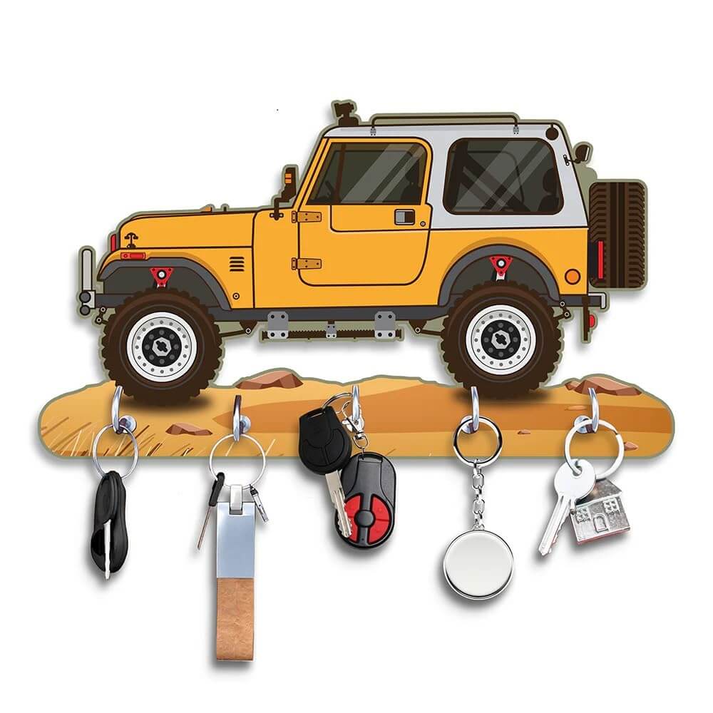 JaipurCrafts Premium HD UV Printed Mahindra Thar Car Shape Designer Wooden Key Holder Home and Office Decor (11 X 6 Inch, Wood, Yellow)