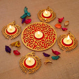 Load image into Gallery viewer, Webelkart Premium Wooden Peacock Shape Rangoli Shape Tealight Holder| Diwali Gift Item, Festival Decorative Item Tealight Candle Holder Multicolor Set Of 5