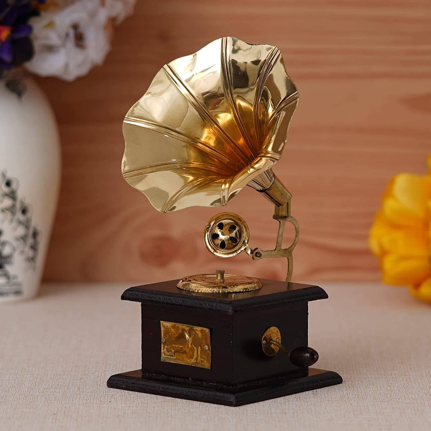 JaipurCrafts Sparkle Square Gramophone Showpiece - 23 cm (Brass, Brown, Gold)