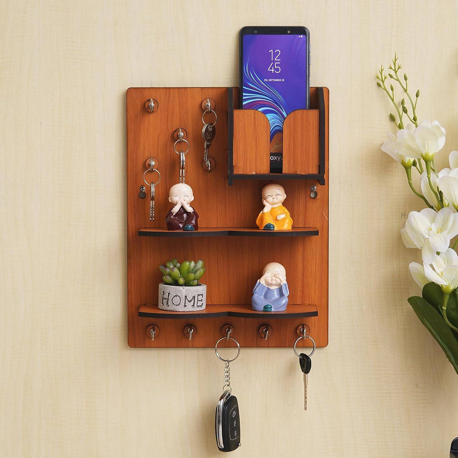 JaipurCrafts Premium Wood Key Chain Hanging Board/Wall Hanging Key Holder with Mobile Charging Stand and Showpiece Stand (11.5 Inches, 10 Hooks) WoodColor Home and Office Decor