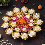 Load image into Gallery viewer, JaipurCrafts Premium Diya Shape Gold Plated Decorative Urli Bowl with Wax Candle for Home Decor Handcrafted Bowl Floating Flowers and Tea Light Candles for Diwali Decoration Items (14.17 Inches)