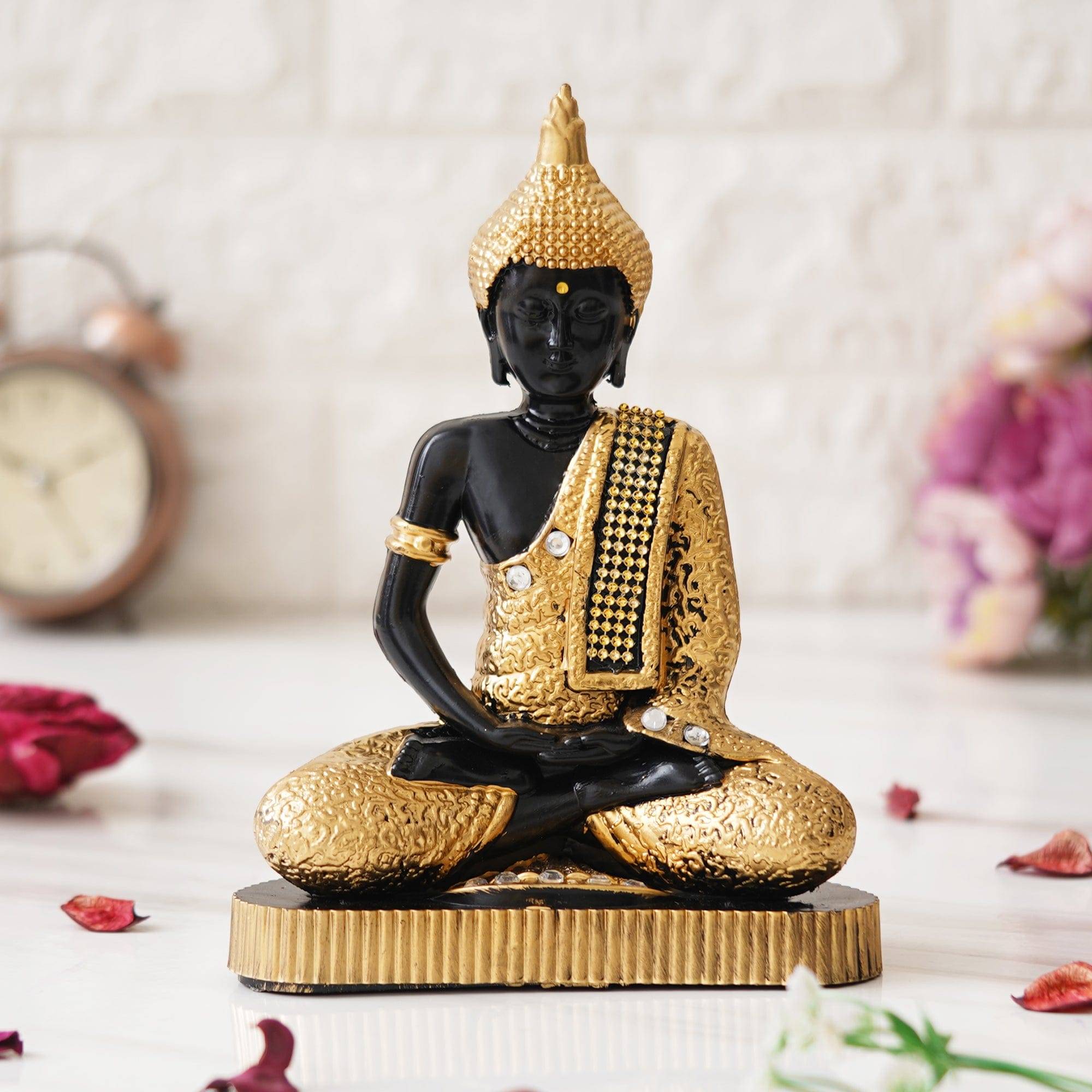 JaipurCrafts Premium Meditating Sitting Gautam Buddha Idol Statue Showpiece for Home and Living Room (Black and Gold)