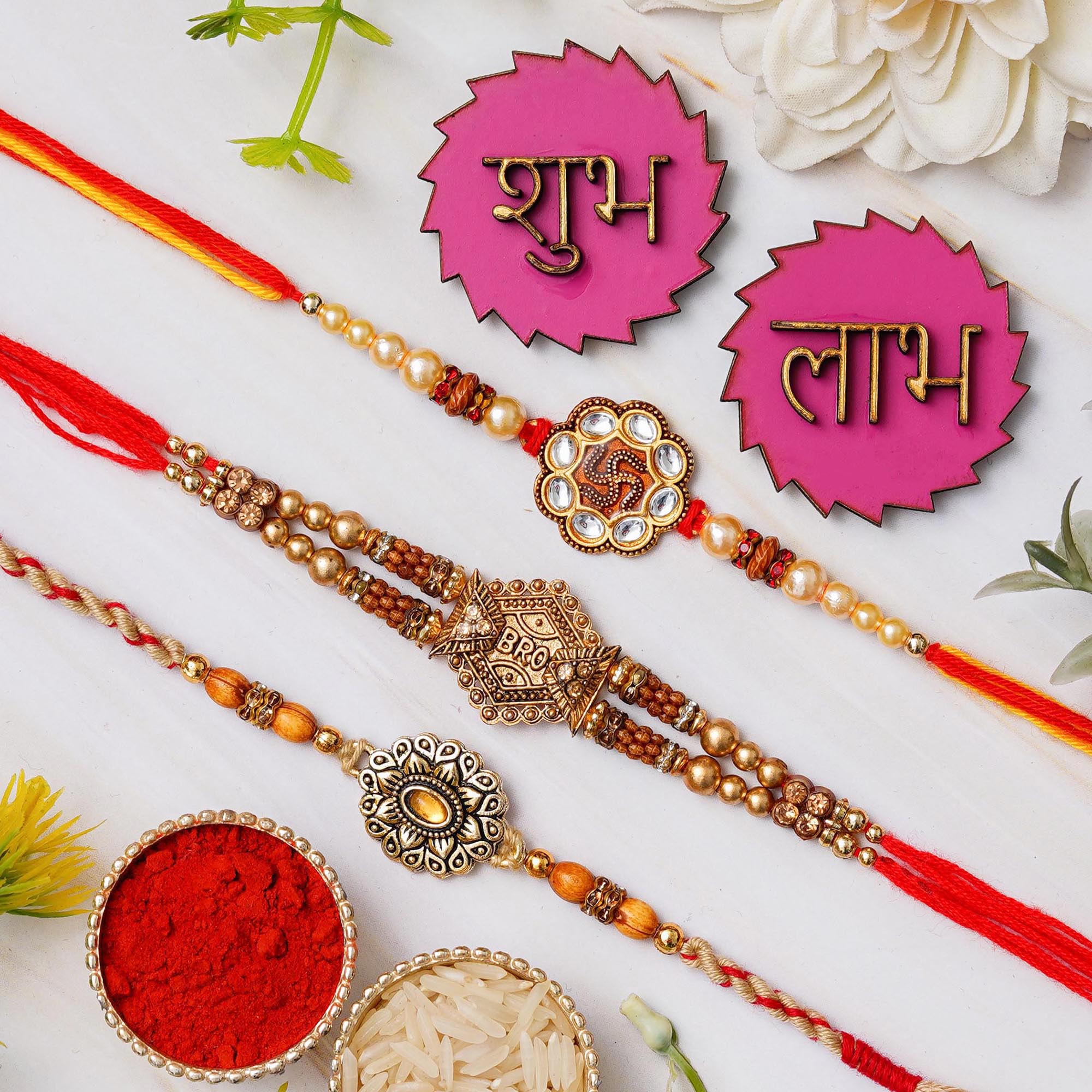 Webelkart Premium Combo Of 3 Rakhi For Brother Bhabhi| Rakhi For Bhaiya  Bhabhi | Lumba Rakhi With Shubh Labh Sticker for Home And Pooja Decor -  Rakhi Gift JaipurCrafts