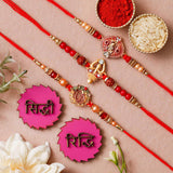 Load image into Gallery viewer, Webelkart Set Of 3 Designer Rakhi For Brother Bhabhi With Riddhi-Siddhi Sticker for Home Decor | Rakhi For Bhaiya Bhabhi |Lumba Rakhi For Bhabhi |Kids Rakhi With Roli Chawal Best Wishes Card