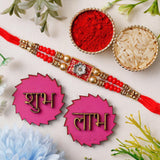 Load image into Gallery viewer, Webelkart Elegant Kundan Rakhi For Brother With Shubh Labh Sticker |Rakhi For Bhaiya Bhabhi | Lumba Rakhi for Bhabhi |Rakhi For Brother And Bhaiya Kids Rakhi Gift Rakhee