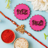 Load image into Gallery viewer, Webelkart Ganesha Rakhi For Brother With Riddhi-Siddhi Sticker for Home Decor | Rakhi For Bhaiya Bhabhi |Lumba Rakhi For Bhabhi |Kids Rakhi for Sister Roli Chawal Pack With Best Wishes Card