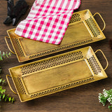 Load image into Gallery viewer, Webelkart Brass Serving Trays Modern Style with Handle Large, Medium Serving Tray, Snacks, Floating Flowers for Home Decoration Dining Table| Diwali and Home Decor Items (15.35&quot; Inches) Set of 2