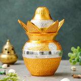 Load image into Gallery viewer, Webelkart Premium Gold Plated Pooja Kalash with Coconut for Pooja Decor with Red Velvet Box/Swastik Kalash for Puja Temple Home Decorative Item/Diwali Gift Item/mangal Kalash (Gold)