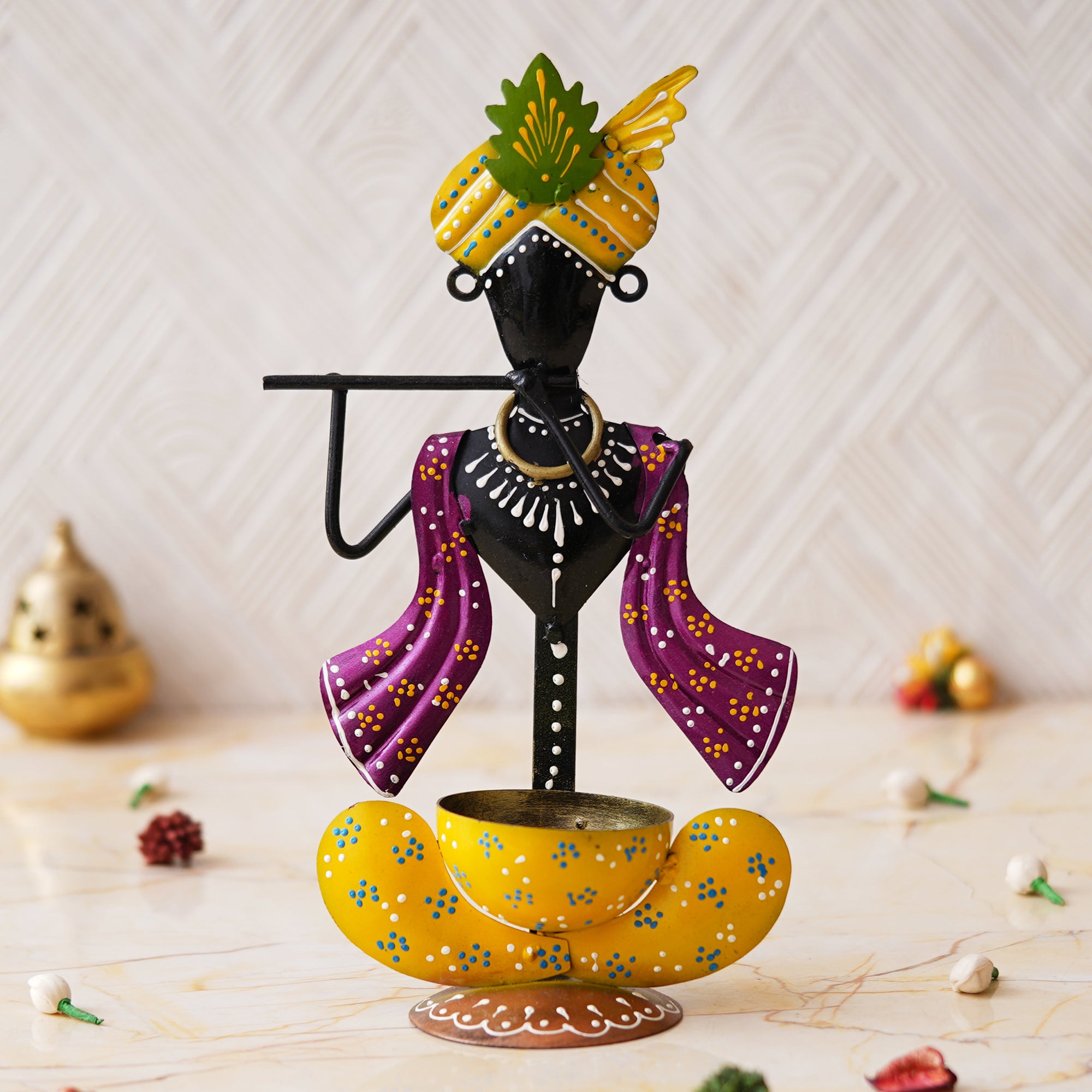 Webelkart Premium Handcrafted Multicolor Metal Krishna Tea Light Holder for Home & Office Decor and Diwali Gift Item (Multicolor-10.4" Inches)