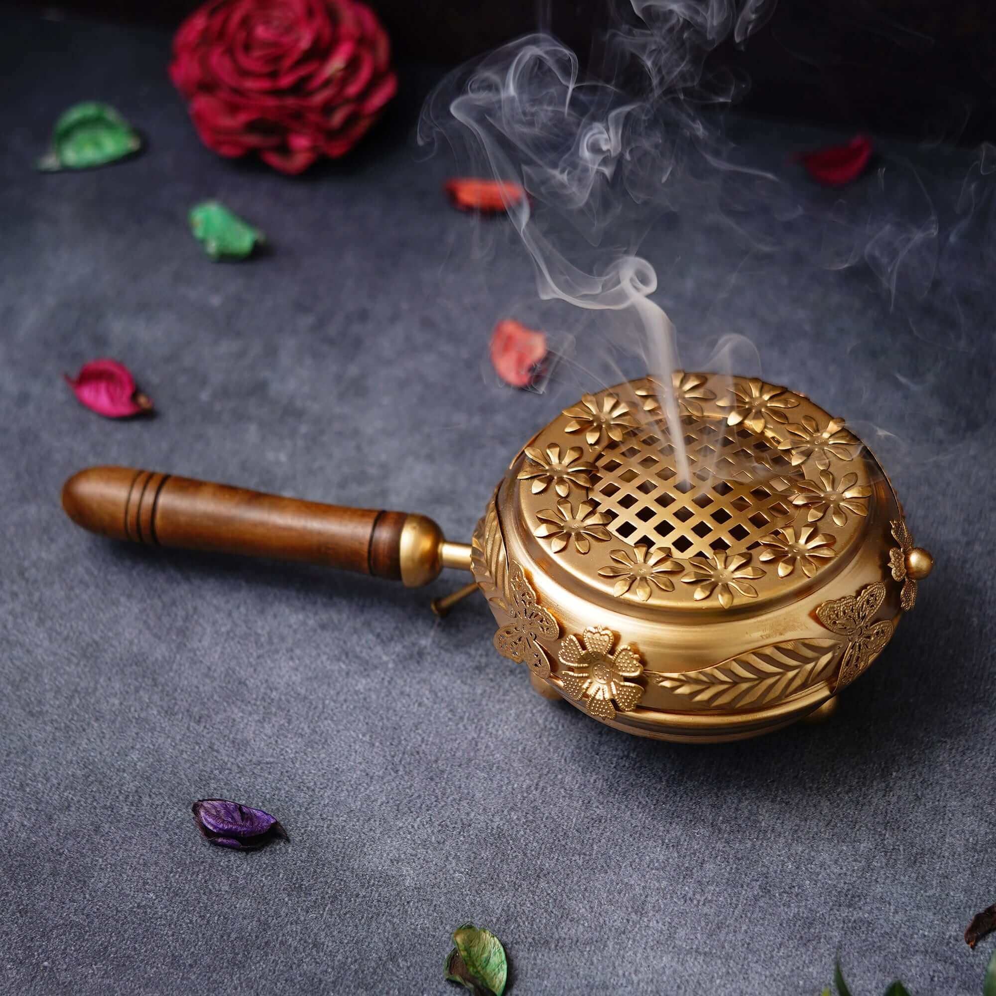 JaipurCrafts Premium Metal Incense Burne rbutterfly Loban Dani Dhoop Dani Aarti Metal Loban Dhoop Dani/Dhoop Dani Burner for Home Office Temple Puja (Round) Metal,Gold - 10.5 inches