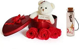 Load image into Gallery viewer, JaipurCrafts Artificial Heart Shaped Box And Teddy And Roses And Massage Bottle (Red, 1 Teddy, 3 Fragrant Rose Bud Petal Soap, 1 Heart Shape Tin Box, 1 Message Bottle) JaipurCrafts