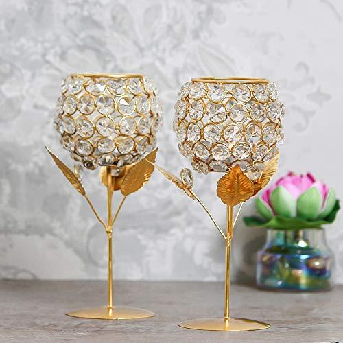 WebelKart Crystal Rose Brass Candle Holder for Decoration - Set of 2 (8.50 in)