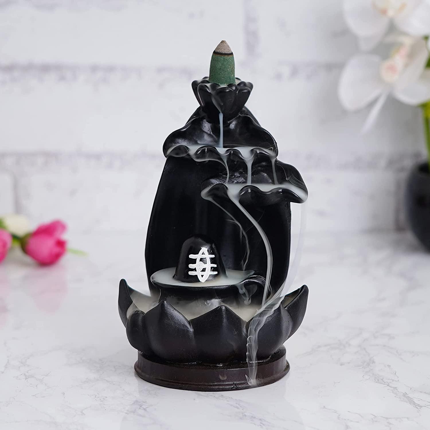 Webelkart Polyresin Shivling Backflow Smoke Incense Holder/Smoke Fountain for Home with Free10 Scented Incense Cones| Shiva Smoke Fountain | Shivling for Home Puja (Black,7 Inches)