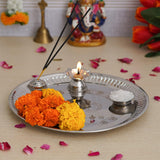 Load image into Gallery viewer, JaipurCraftsPremium Engraving Om Pooja thali Set with Pooja Incense Holder, Diya and Kumkum Katori (Stainless Steel, 10.5 Inches)