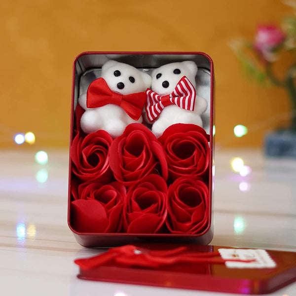 Valentines Day Concept Red Teddy Bear In Heart Shaped Gift Box