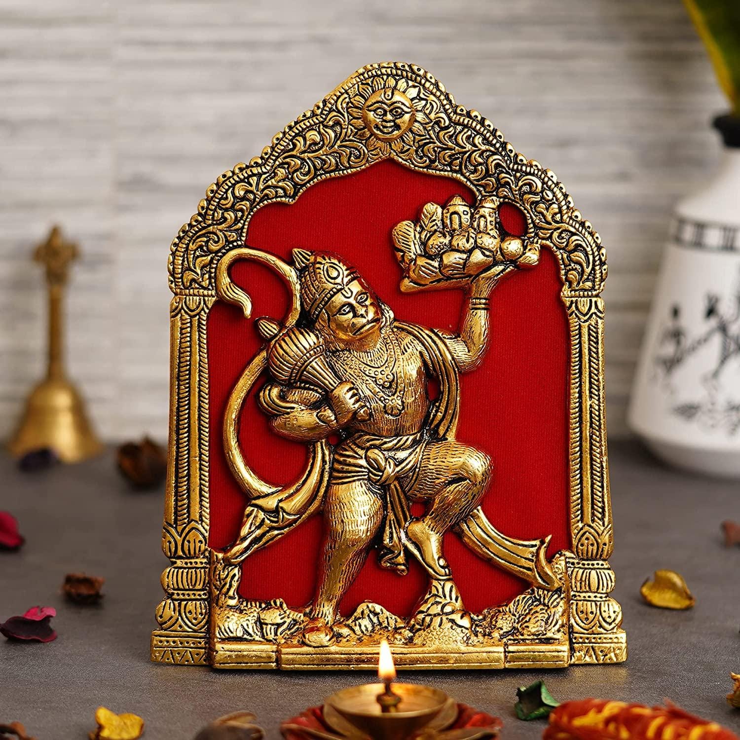 JaipurCrafts Metal Lord Hanuman Idol Statue for Home and Office Decor | Hanuman Ji Ki Murti for Home and Office Temple ( 7 x 8.5 Inches, Gold)